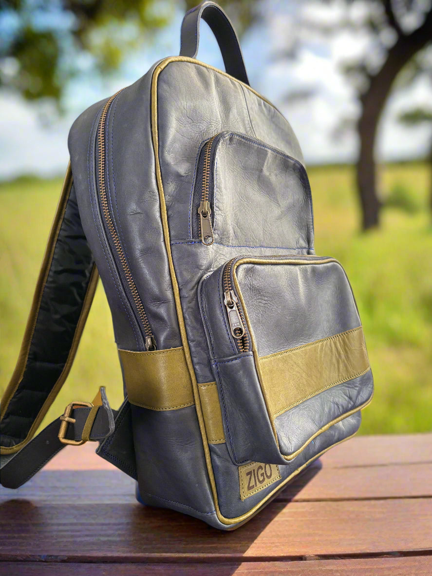 blue and brown leather backpack Blue-Green Striped Leather Backpack