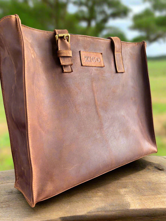 Light Brown Pull-Up Leather Tote Bag