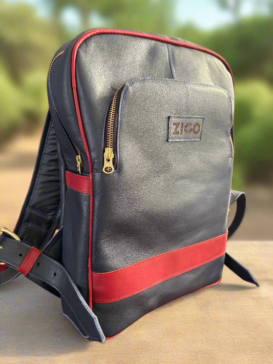 Blue-Red Striped Leather Backpack