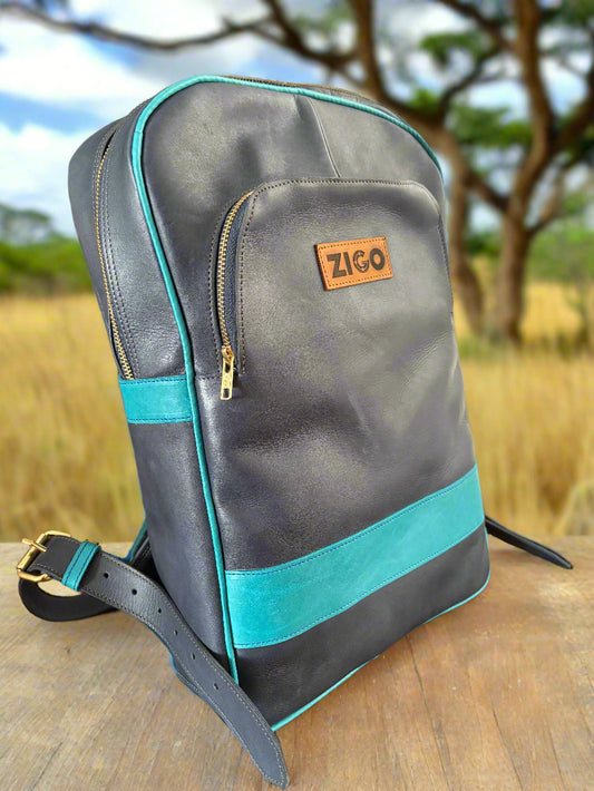 Blue Striped Leather Backpack