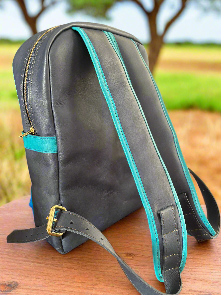 Blue Striped Leather Backpack