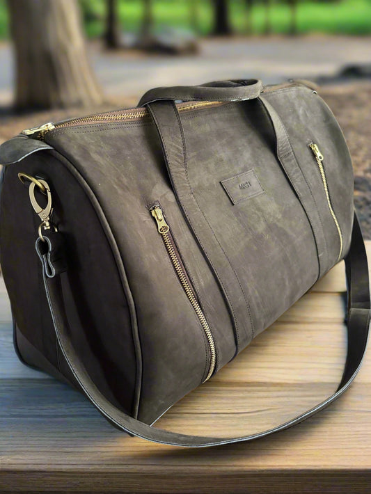 Grey Leather Duffel Bag