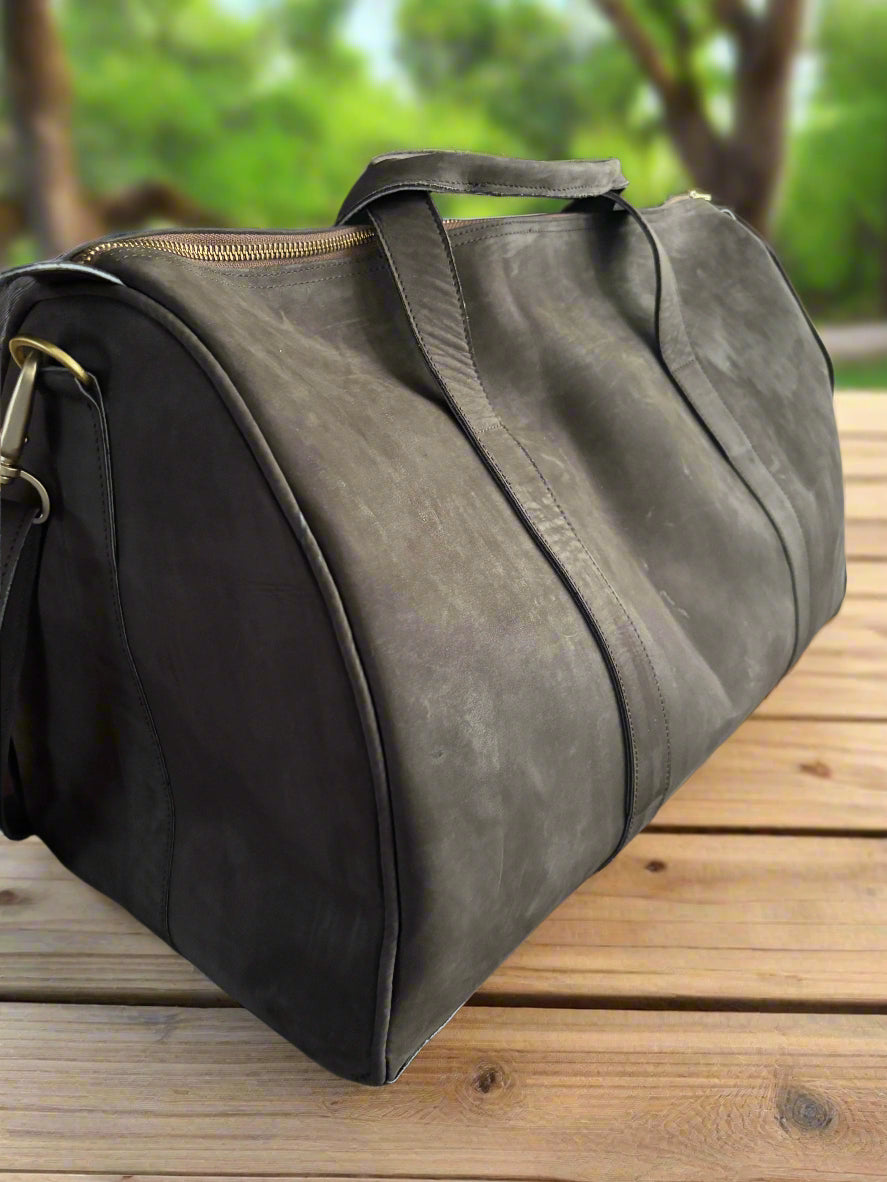 Grey Leather Duffel Bag